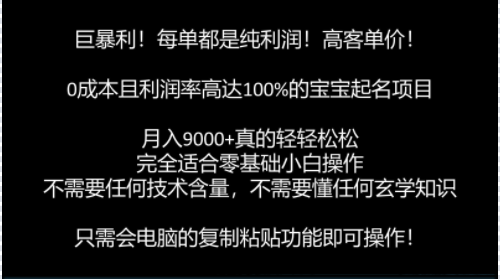 巨暴利，月入9000+的宝宝起名项目，每单都是纯利润，零基础都能躺赚